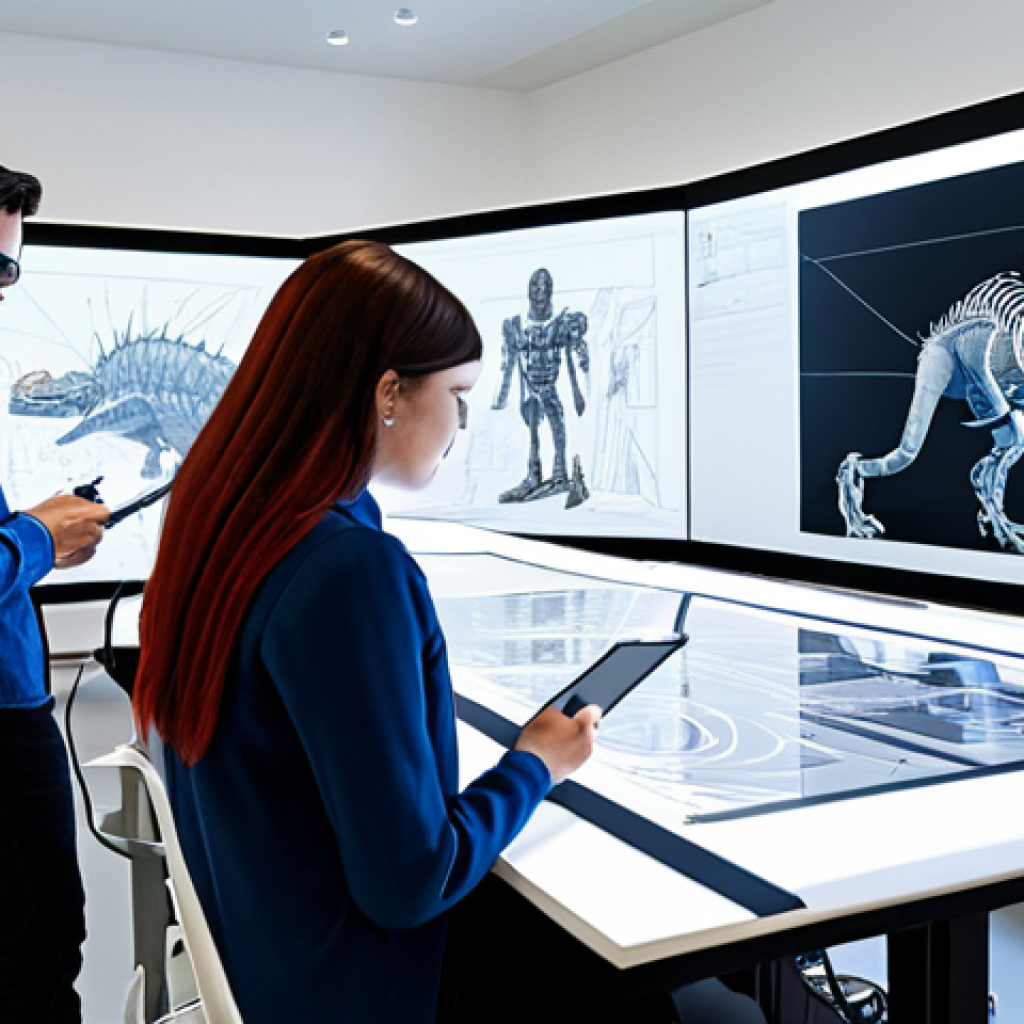A diverse group of professional fan-creators, fully clothed in appropriate, modest attire, gathered around a large digital screen and a table in a modern, well-lit creative studio. They are collaborating on designing intricate new Dinocore robot concepts, with one person sketching on a tablet, another discussing a complex design on the screen, and a third reviewing detailed blueprints. The studio features inspirational artwork on the walls and sleek, professionally rendered Dinocore model figures on a shelf in the background. The scene is depicted in a professional illustration style with high detail and vibrant colors, ensuring perfect anatomy, correct proportions, a natural pose, well-formed hands, proper finger count, and natural body proportions. safe for work, appropriate content, fully clothed, professional dress.
