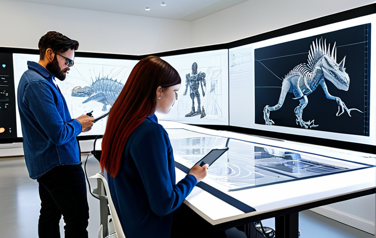 A diverse group of professional fan-creators, fully clothed in appropriate, modest attire, gathered around a large digital screen and a table in a modern, well-lit creative studio. They are collaborating on designing intricate new Dinocore robot concepts, with one person sketching on a tablet, another discussing a complex design on the screen, and a third reviewing detailed blueprints. The studio features inspirational artwork on the walls and sleek, professionally rendered Dinocore model figures on a shelf in the background. The scene is depicted in a professional illustration style with high detail and vibrant colors, ensuring perfect anatomy, correct proportions, a natural pose, well-formed hands, proper finger count, and natural body proportions. safe for work, appropriate content, fully clothed, professional dress.