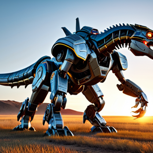 Home 7 A majestic Rex D-Buster mecha, perfectly illustrating the fusion of ancient dinosaur power and cutting-edge futuristic technology. The robot stands in a powerful, professional stance on a vast, open plains battlefield at sunset. Its intricate metallic armor gleams with highlights, showcasing advanced engineering and the prominent, glowing Rex Core at its chest. The mecha's design emphasizes correct proportions and natural articulation, appearing robust and ready. Professional photography, high detail, volumetric lighting, epic scale, cinematic quality. Safe for work, appropriate content, fully clothed, professional and family-friendly.