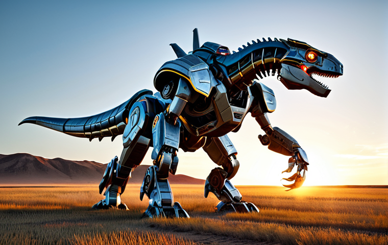 A majestic Rex D-Buster mecha, perfectly illustrating the fusion of ancient dinosaur power and cutting-edge futuristic technology. The robot stands in a powerful, professional stance on a vast, open plains battlefield at sunset. Its intricate metallic armor gleams with highlights, showcasing advanced engineering and the prominent, glowing Rex Core at its chest. The mecha's design emphasizes correct proportions and natural articulation, appearing robust and ready. Professional photography, high detail, volumetric lighting, epic scale, cinematic quality. Safe for work, appropriate content, fully clothed, professional and family-friendly.
