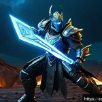 다이노코어 새로운 악당 캐릭터 예상 - A towering villain with a fusion of prehistoric and futuristic elements stands imposingly in a dynam...