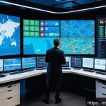 Home 23 다이노코어 유통 경로 및 해외 진출 - A modern logistics control room featuring a diverse team of professionals monitoring multiple large ...