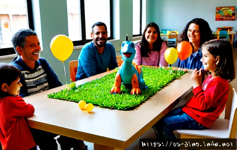 다이노코어 팬클럽 활동과 이벤트 - Photorealistic family-friendly dinosaur robot fan club gathering in a bright community center in Mad...