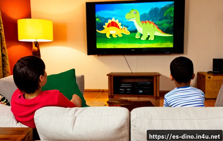 다이노코어 TV 방영 시간과 채널 정보 - Photorealistic cozy Spanish family living room at early evening, a parent and two school-age childre...
