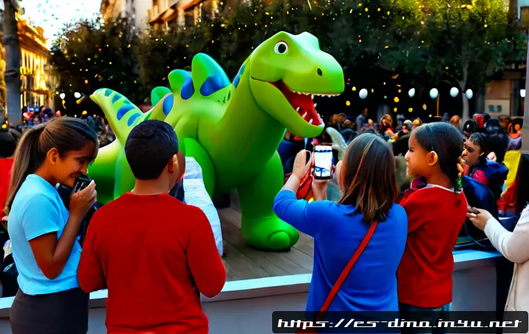 다이노코어 SNS 이벤트와 팬 반응 - Photorealistic family-friendly social media fan event in a lively Madrid plaza, diverse Spanish-spea...